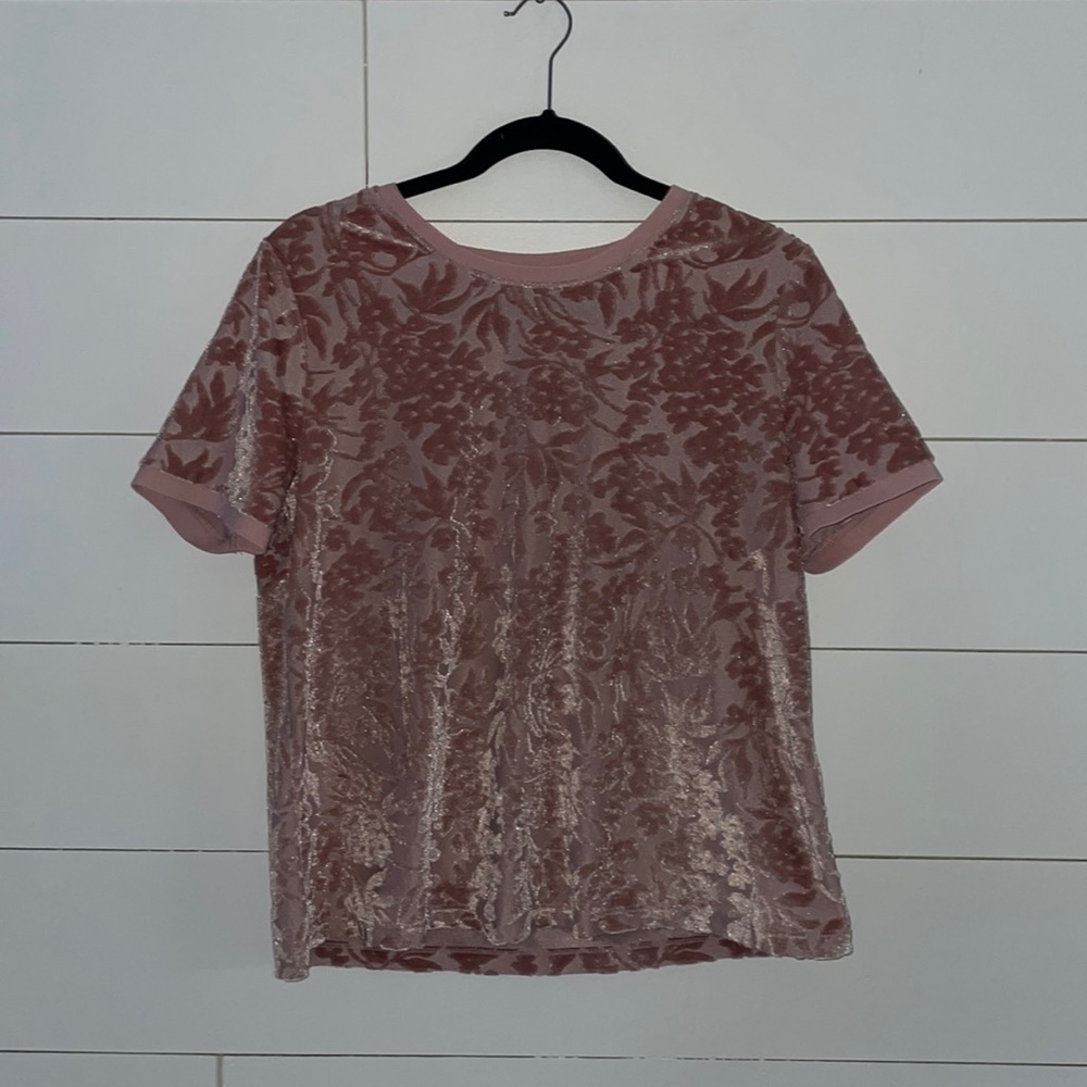 A New Day Velvet Floral Short Sleeve Crew Neck T-Shirt Light Pink M #0143